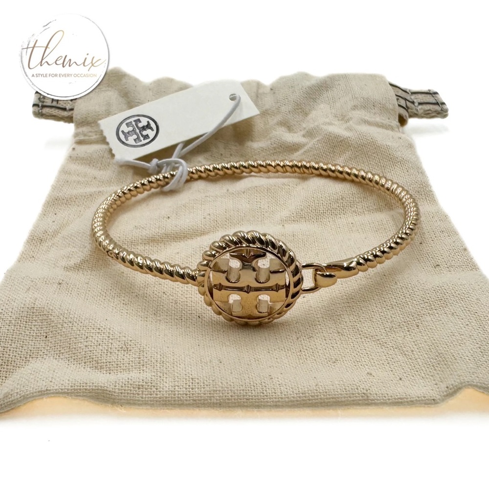 NWT Tory Burch Women's Rope Logo Gold Plated Hinged Cuff Bracelet - Picture 6 of 6